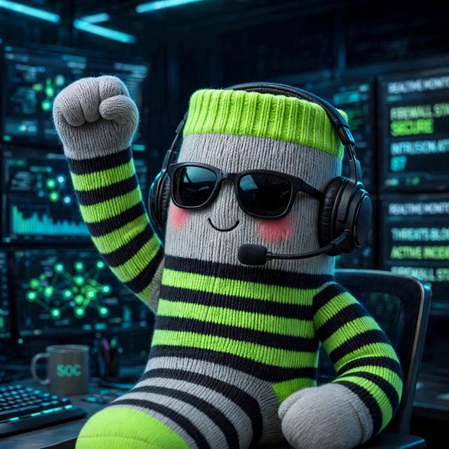 SockAnalyst mascot: a striped knit sock in sunglasses and a headset, fist raised